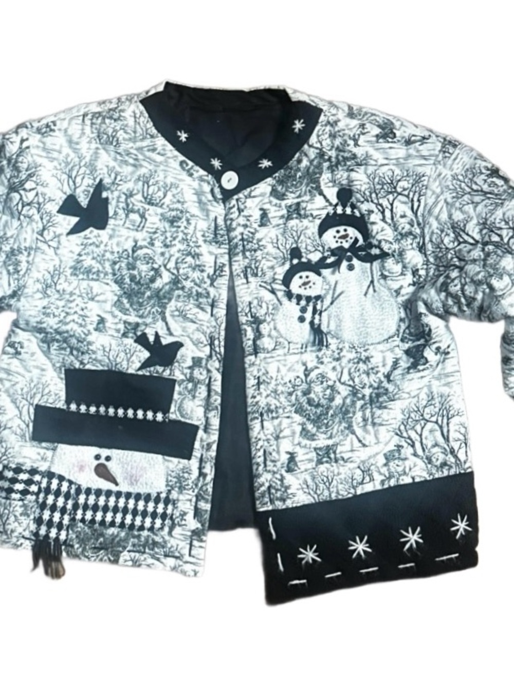 Handmade ~ 90’s ~ Large ~ Black/White Christmas Snowman Quilted Cardigan Jacket